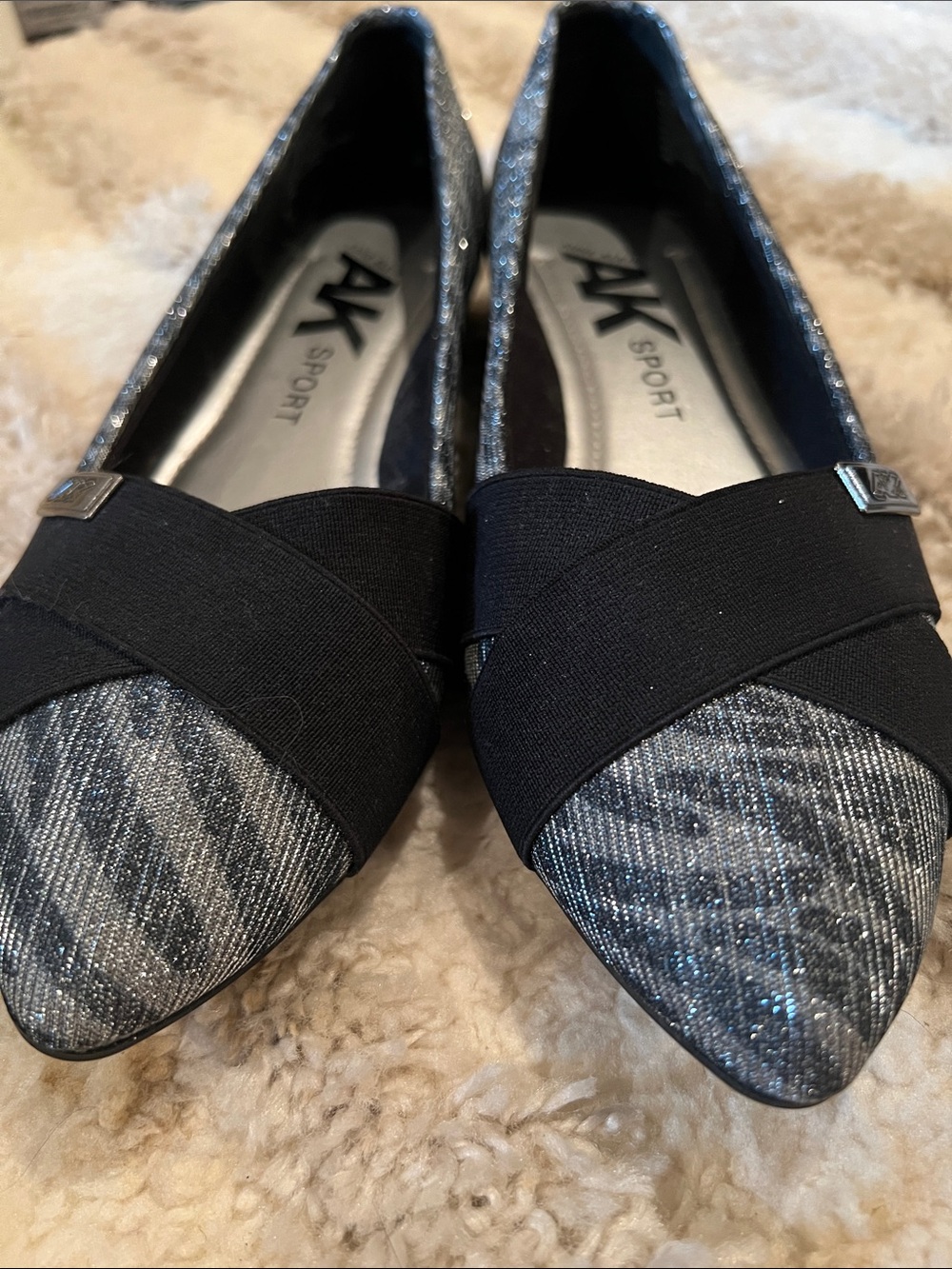 Anne Klein Metallic Gray Pointed Flats with Black Elastic Strap - Picture 5 of 6